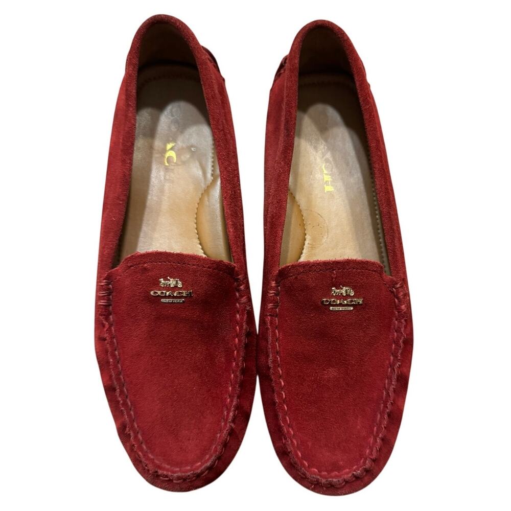 Coach Amber Driver Loafer Red Suede | Size 7B / 37 | Gold Logo Moccasin Flats - Picture 2 of 7